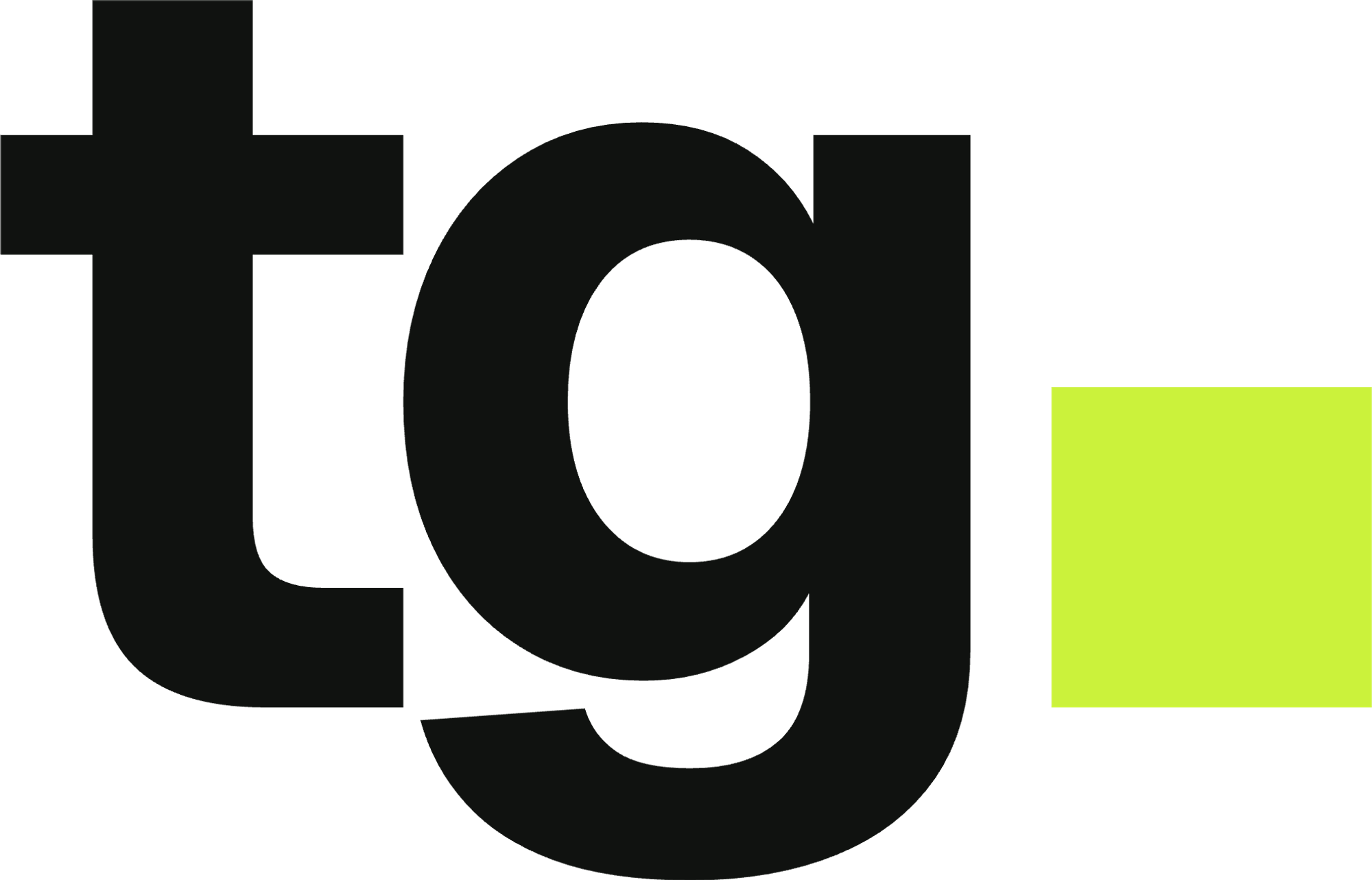 tg wordmark, dark type with lime block on white